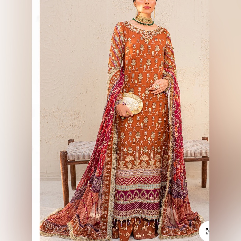 Embroidered Long Sleeve Orange Traditional Dress with Printed Shawl